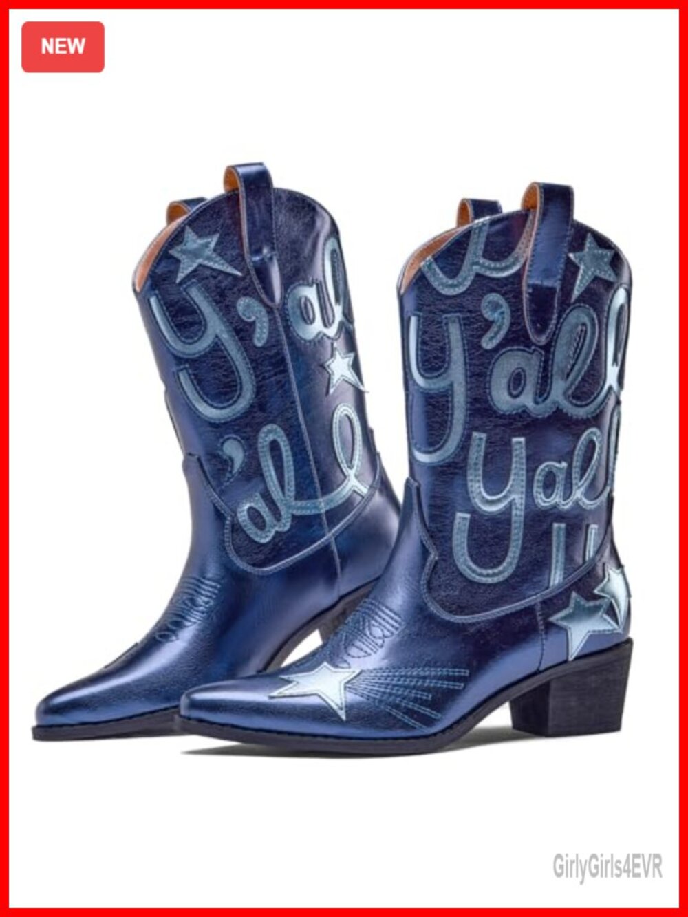 Metallic Embroidered Cowboy Boots for Women Pointed Toe Chunky Heel Mid Calf